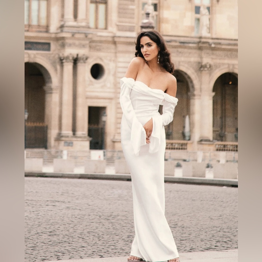 White off-shoulder cowl neck maxi dress in size small.
